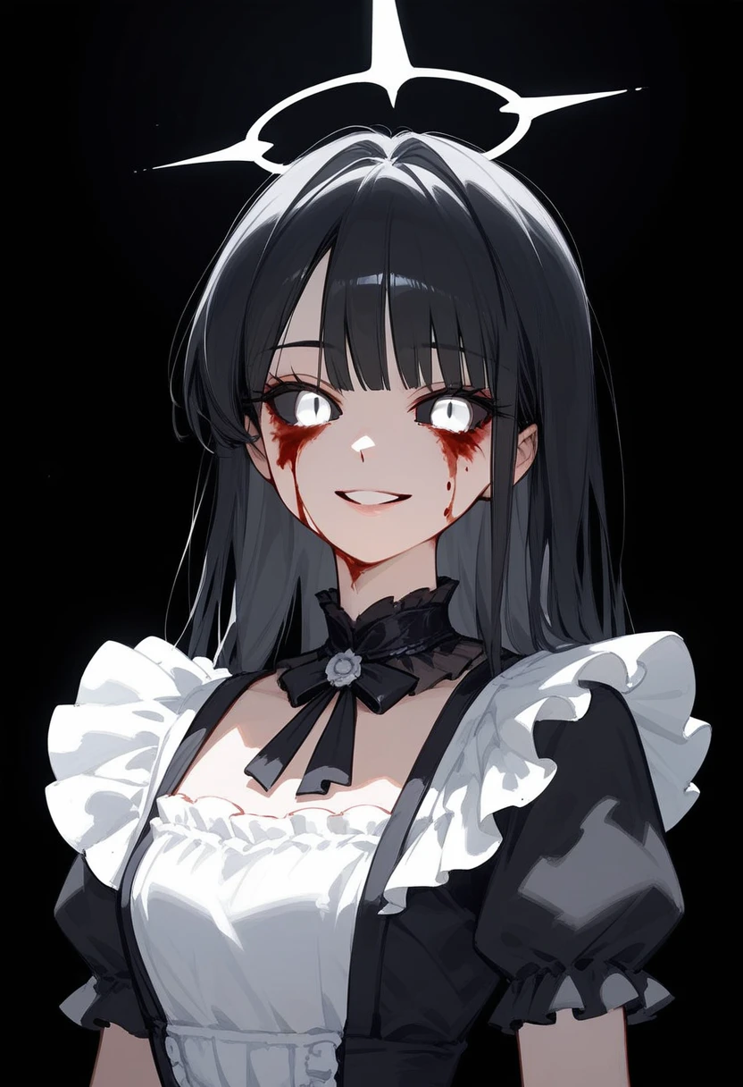 masterpiece, decrease, check_9, check_8_up, check_7_up, portrait, 1 girl, One, black hair, long hair, split bangs, white eyes, black sclera, (bloody tears, small smile), evil, parted lips, inexpressive, , upper body, Victorian Fashion, black dress, ruffled dress, short sleeves, halo, Black background, Best quality, style_3