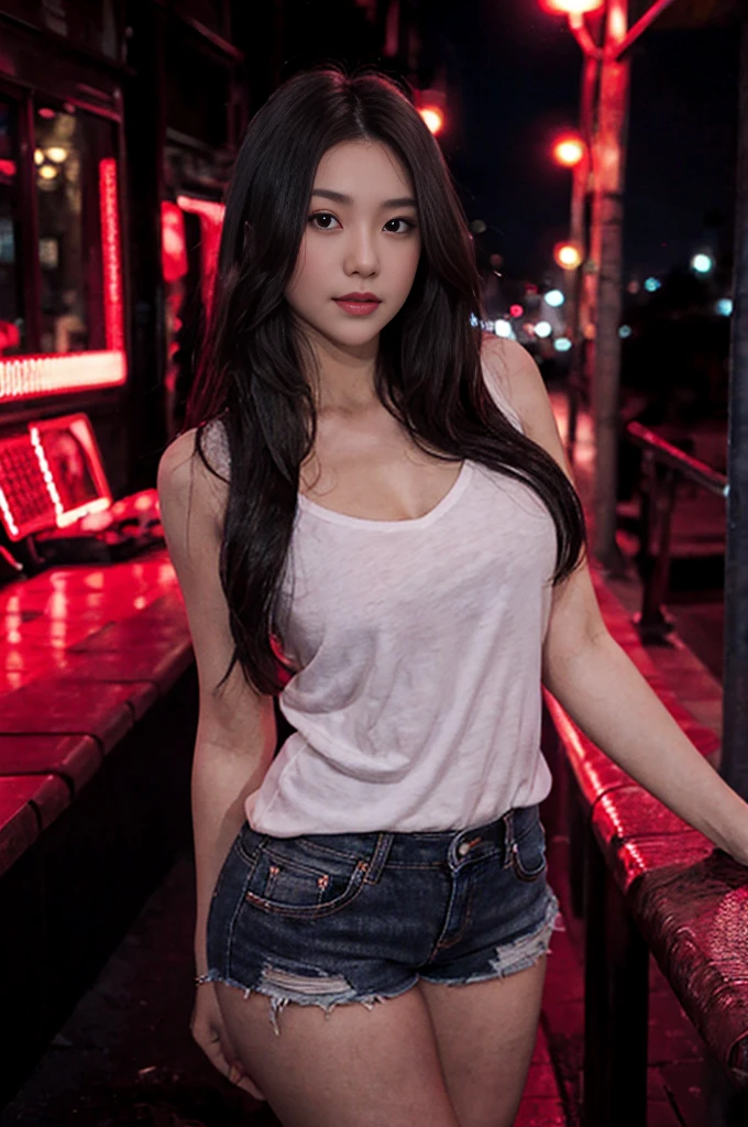 lady, posing seductively to viewer, solo:1, pov, beautiful thick thighs,
red light district background, long hair, 3/4 body, V neck mini hot shorts