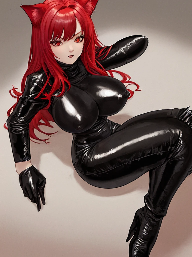 Red-haired cat-eared domina girl, big body, with a black leather suit attached to the body, showing nipples and vagina