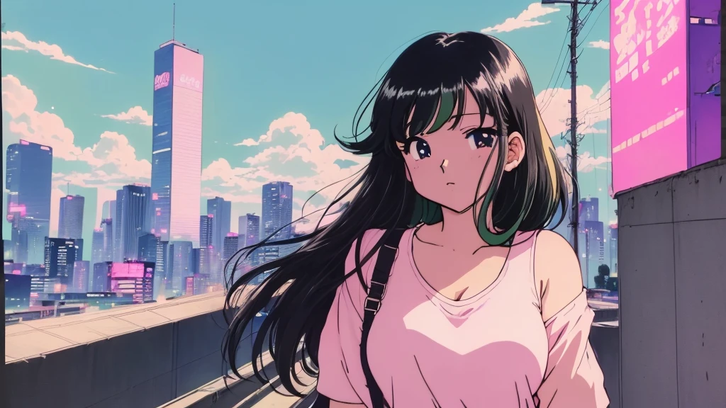 anime girl with black hair and pink top in front of a city skyline, 8 0 s japanese anime vibe, 80s anime art style, in the art style of 80s anime, lofi girl, 80s Anime Style, 1980's anime style, 80s anime in this style, retro anime girl, 90s anime art style