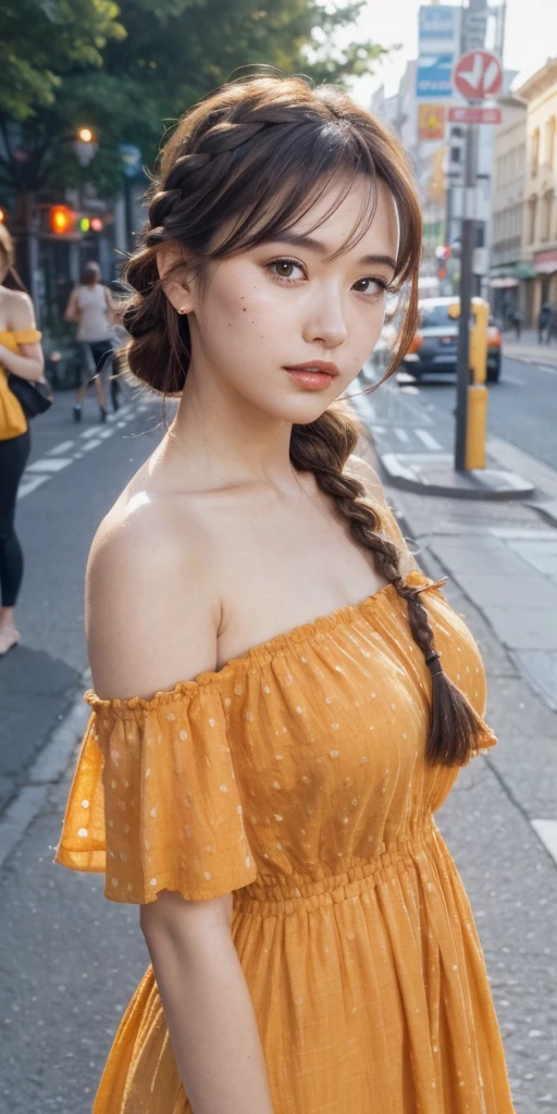 a woman posing on the street corner with orange dress on, best quality, 1girl, large breast, day, bright, blur background, bokeh, outdoor, (street:0.8), (people, crowds:0.8), (off-shoulder dress:1.2), gorgeous, (braided bangs:1.2), beautiful detailed sky, (dynamic pose:1.2), soft lighting, wind, shiny skin, (upper body:0.8), (freckles:0.8), mole under mouth,
