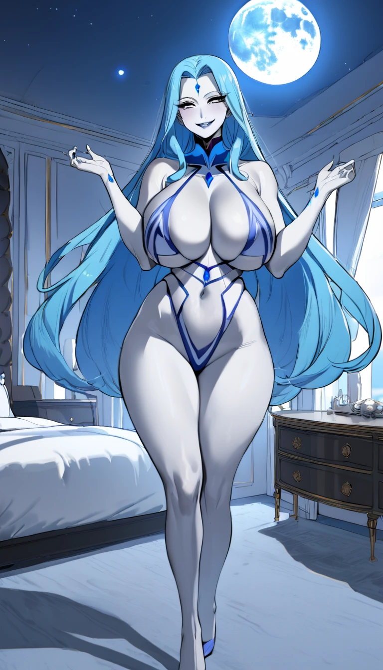 Masterpiece, high quality, bedroom, 1 girl, sexy, blue long hair, 6 eyes, 6 arms, tall, curvy, large breasts, smiling, pale skin, etherial race, human skin, moon, milf