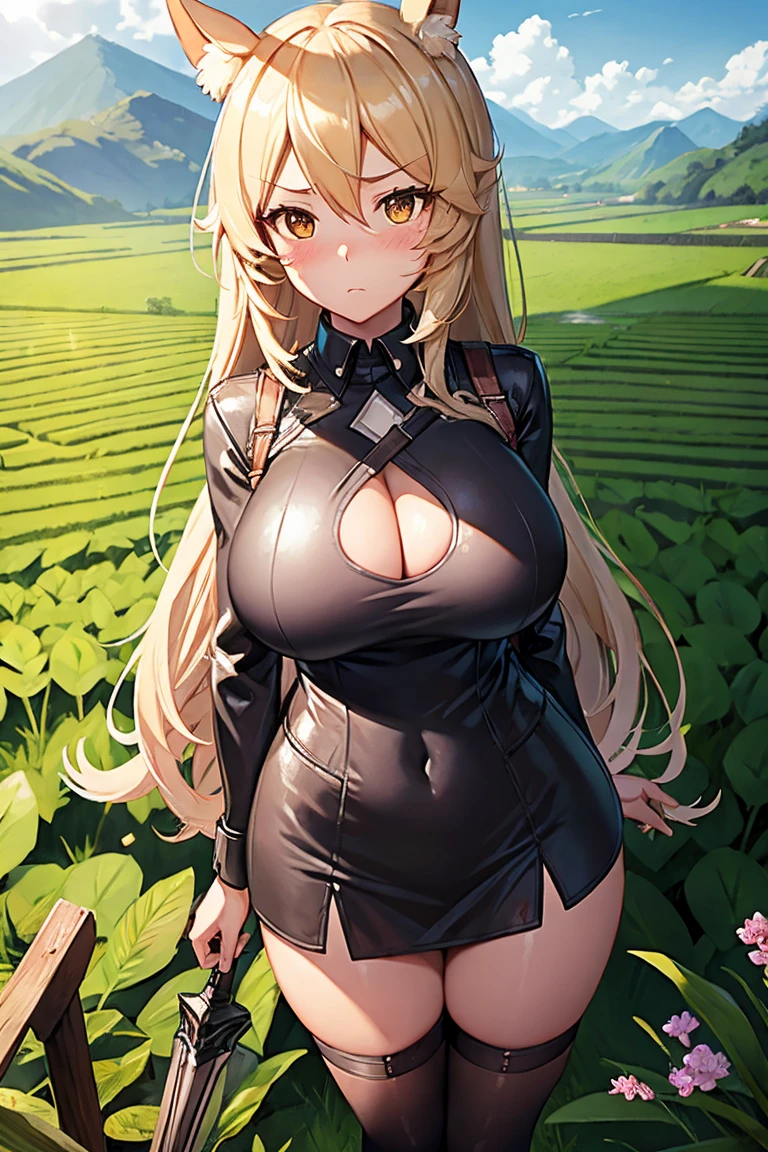 Mlynar-Arknights Super huge big breasts breast enlargement Black Knight suit, dark circles under eyes, coffee in hand, standing alone in the rice field, looking at the camera, blushing, shy and cute, full-body shot