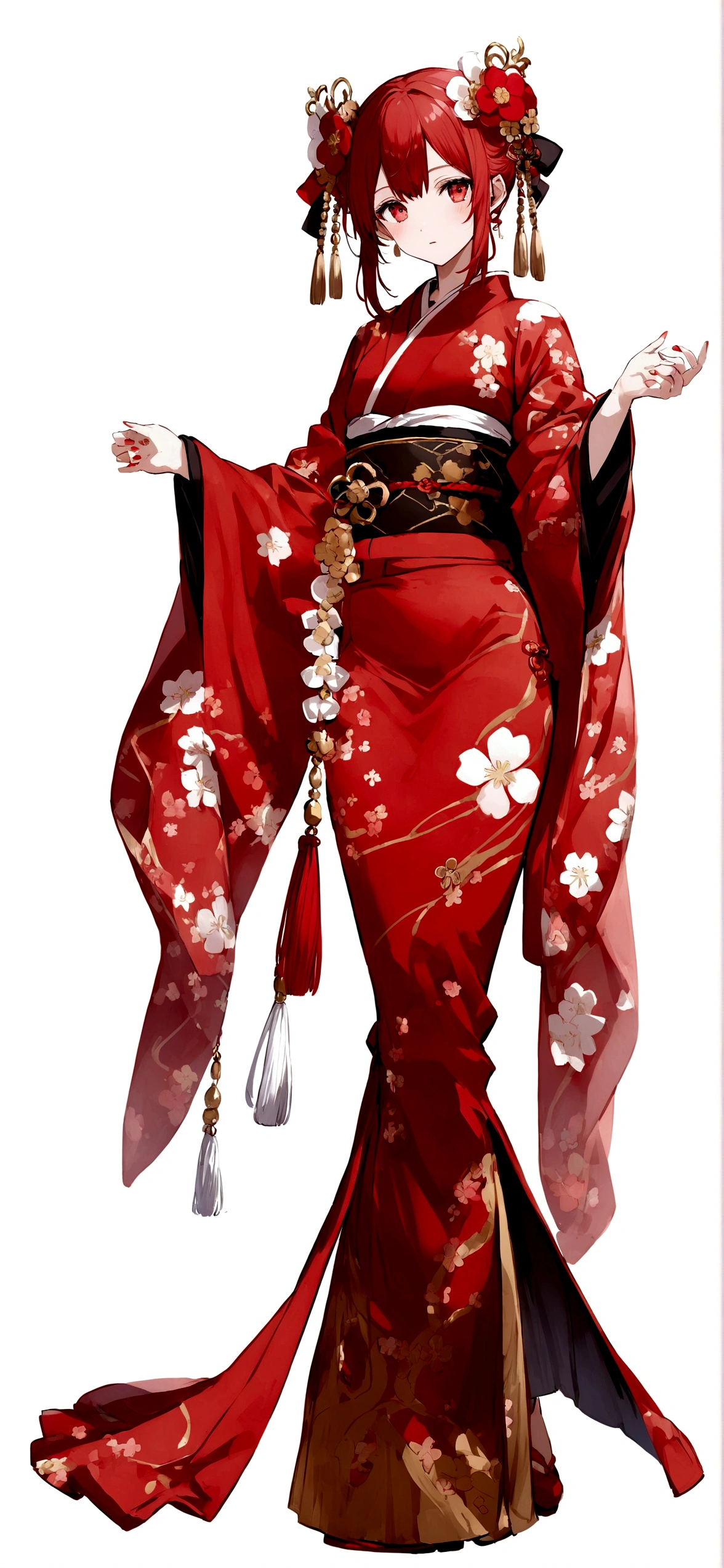White background、Red kimono、Red Hair、Red eyes、Plum blossom accessories、25 year old sister、whole body