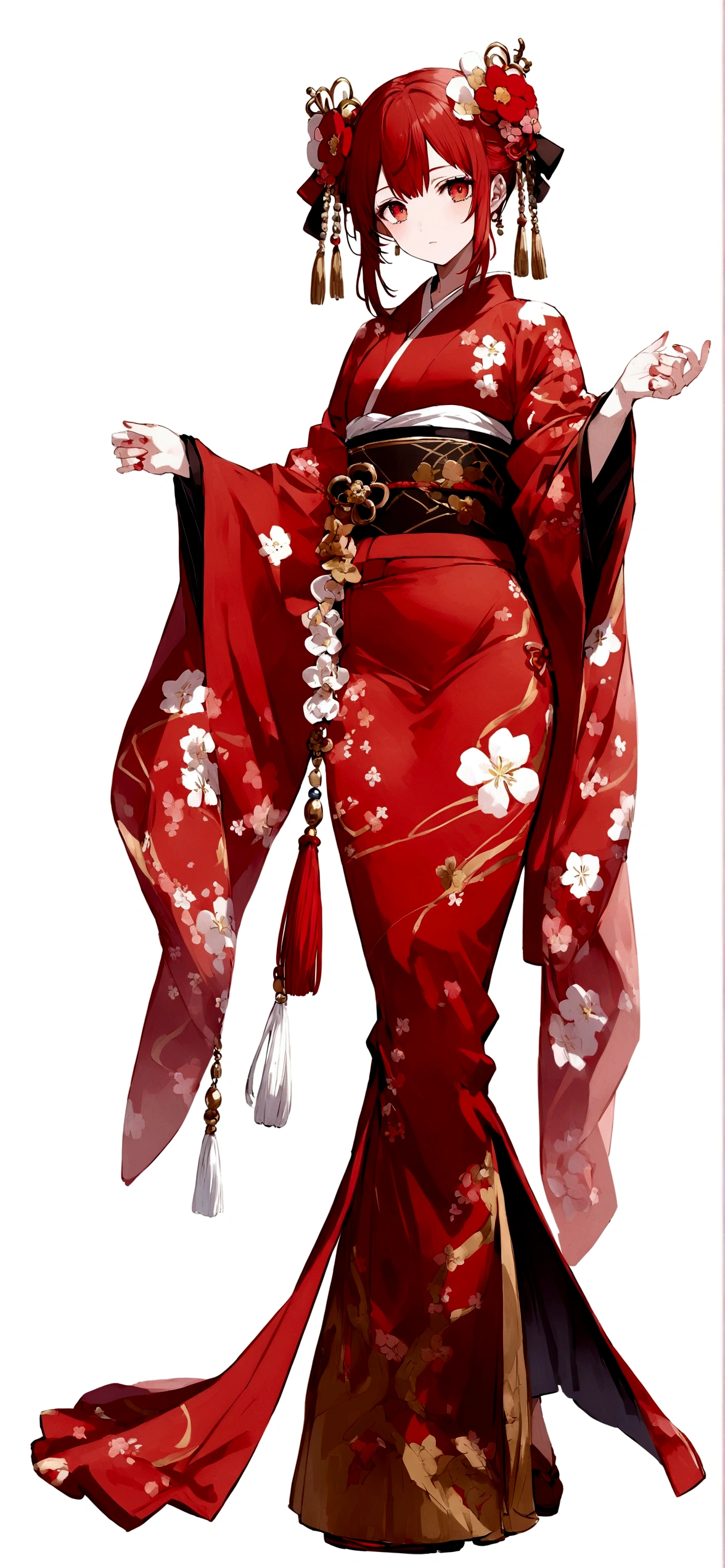 White background、Red kimono、Red Hair、Red eyes、Plum blossom accessories、25 year old sister、whole body