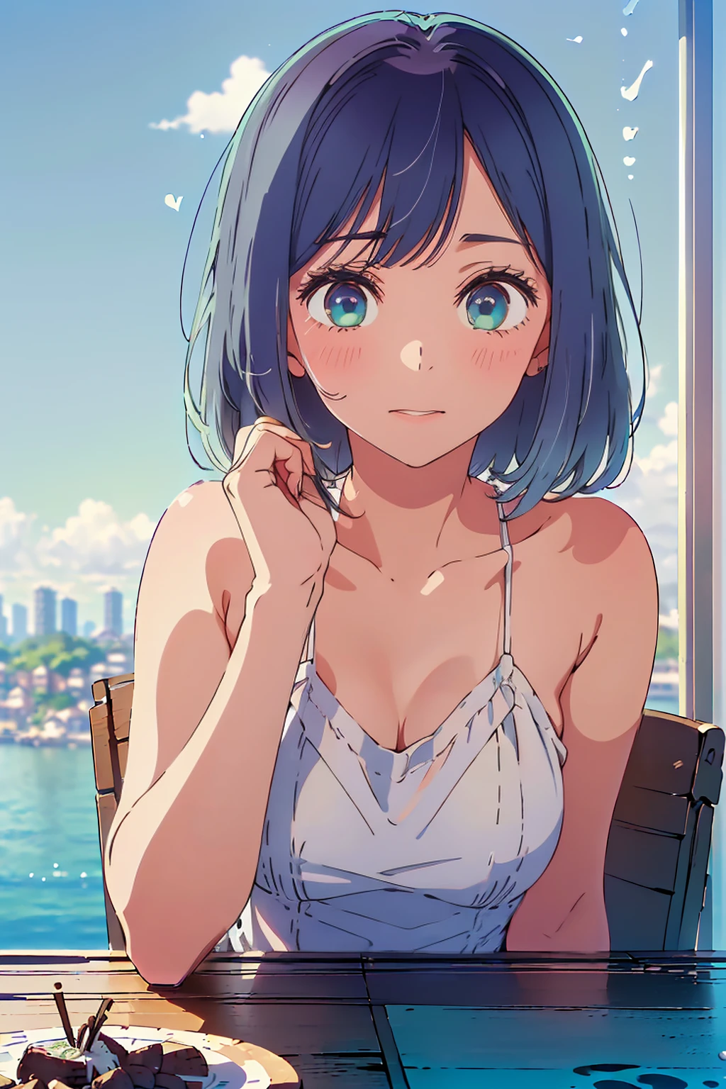 (Highest quality:1.4、masterpiece:1.4、Super detailed:1.4、Ultra-high resolution:1.4、8K:1.4)、F cup bust、Big Breasts、Slim body、((((1 person、Surprised expression、sit、Chair、In the background are the urban buildings of Tokyo、looking at the camera、Outdoor café terrace、coastal、juice、Shooting up close、table、Very cute face))))、(Pose with hands tucked behind ears:1.4、Cheek resting on hand:1.4)、((nude、very beautiful areola、camisole、Seamless outerwear))、Very blue sky、A completely cloudless sky、Big eyes、((((Shallow depth of field))))