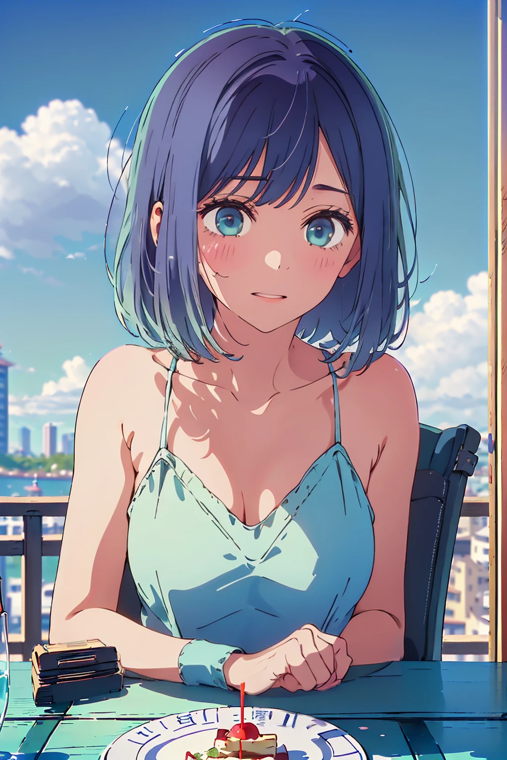 (Highest quality:1.4、masterpiece:1.4、Super detailed:1.4、Ultra-high resolution:1.4、8K:1.4)、F cup bust、Big Breasts、Slim body、((((1 person、Surprised expression、sit、Chair、In the background are the urban buildings of Tokyo、looking at the camera、Outdoor café terrace、coastal、juice、Shooting up close、table、Very cute face))))、(Pose with hands tucked behind ears:1.4、Cheek resting on hand:1.4)、((nude、very beautiful areola、camisole、Seamless outerwear))、Very blue sky、A completely cloudless sky、Big eyes、((((Shallow depth of field))))