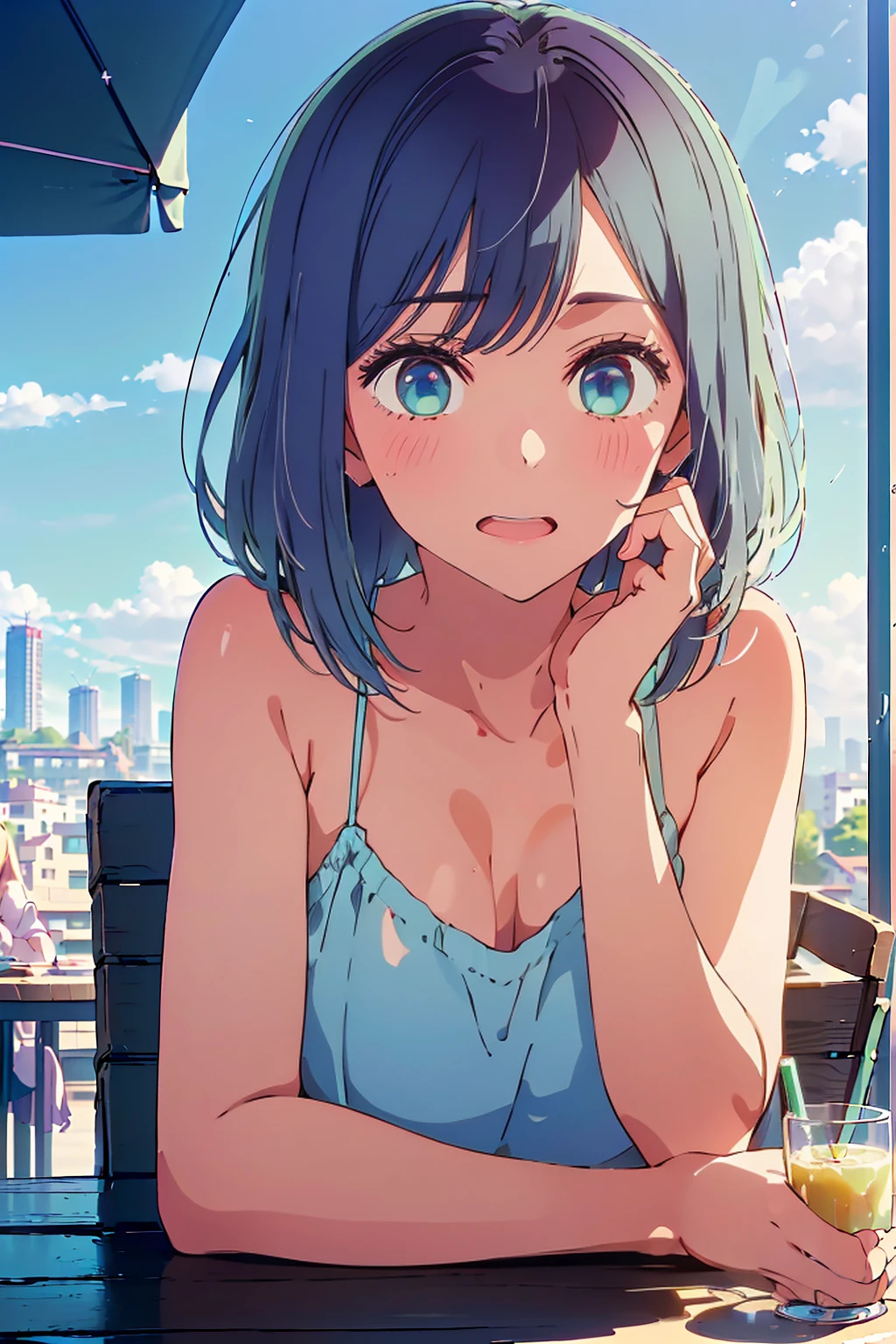 (Highest quality:1.4、masterpiece:1.4、Super detailed:1.4、Ultra-high resolution:1.4、8K:1.4)、F cup bust、Big Breasts、Slim body、((((1 person、Surprised expression、sit、Chair、In the background are the urban buildings of Tokyo、looking at the camera、Outdoor café terrace、coastal、juice、Shooting up close、table、Very cute face))))、(Pose with hands tucked behind ears:1.4、Cheek resting on hand:1.4)、((nude、very beautiful areola、camisole、Seamless outerwear))、Very blue sky、A completely cloudless sky、Big eyes、((((Shallow depth of field))))