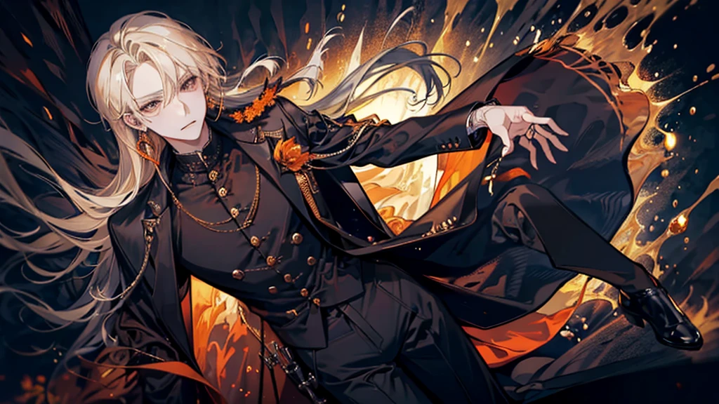 masterpiece, High resolution, Highest quality, formal, male, alone, Black Shirt, Medium Hair, Blonde, Orange eyes, Black coat, Black trousers