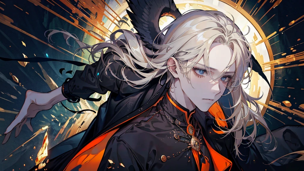 masterpiece, High resolution, Highest quality, formal, male, alone, Black Shirt, Medium Hair, Blonde, Orange eyes, Black coat, Black trousers