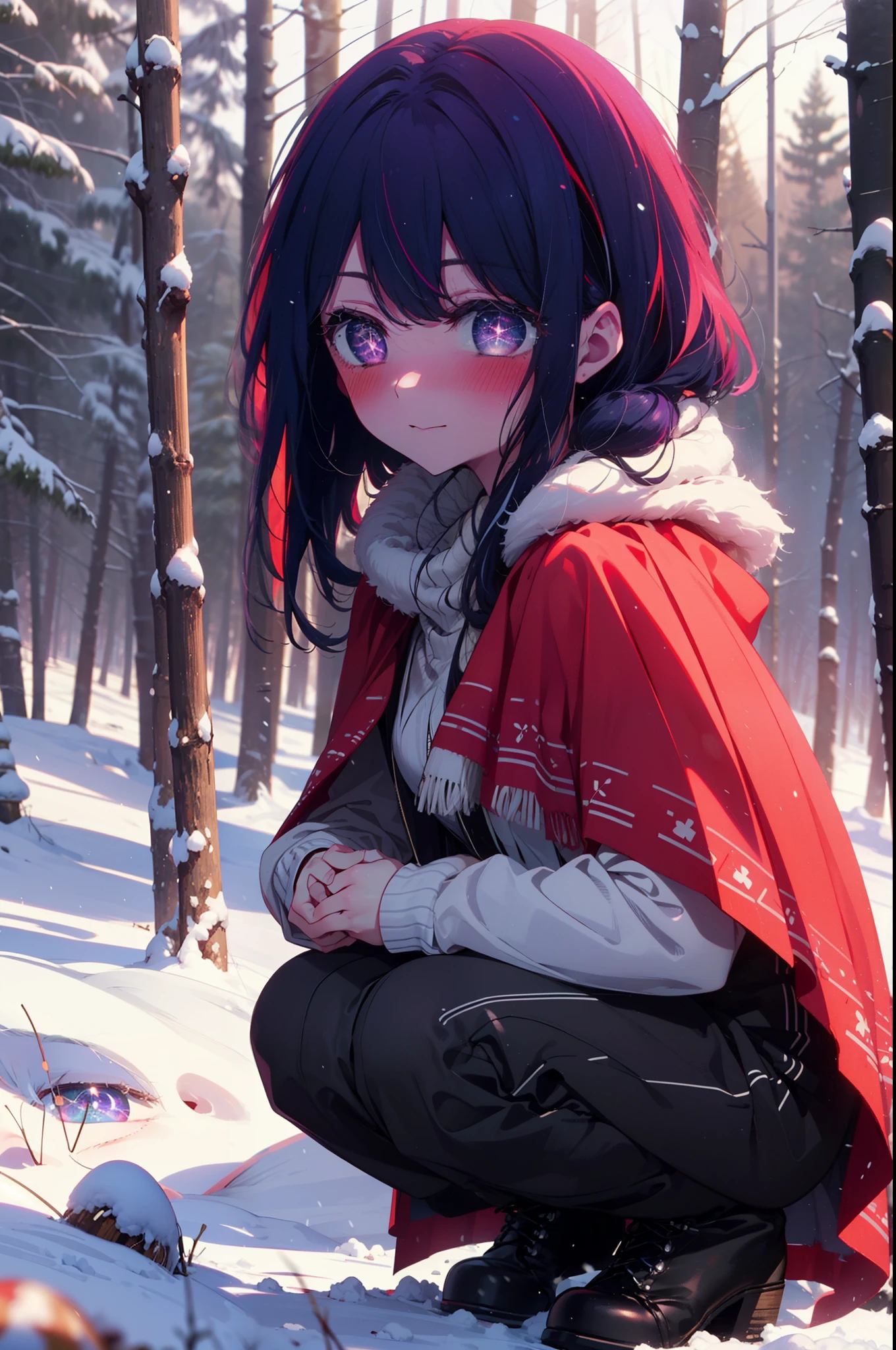 aihoshino, Ai Hoshino, Long Hair, bangs, (Purple eyes:1.1), Purple Hair, (Symbol-shaped pupil:1.5), smile,,smile,blush,White Breath,
Open your mouth,snow,Ground bonfire, Outdoor, boots, snowing, From the side, wood, suitcase, Cape, Blurred, , forest, White handbag, nature,  Squat, Mouth closed, Cape, winter, Written boundary depth, Black shoes, red Cape break looking at viewer, Upper Body, whole body, break Outdoor, forest, nature, break (masterpiece:1.2), Highest quality, High resolution, unity 8k wallpaper, (shape:0.8), (Beautiful and beautiful eyes:1.6), Highly detailed face, Perfect lighting, Highly detailed CG, (Perfect hands, Perfect Anatomy),