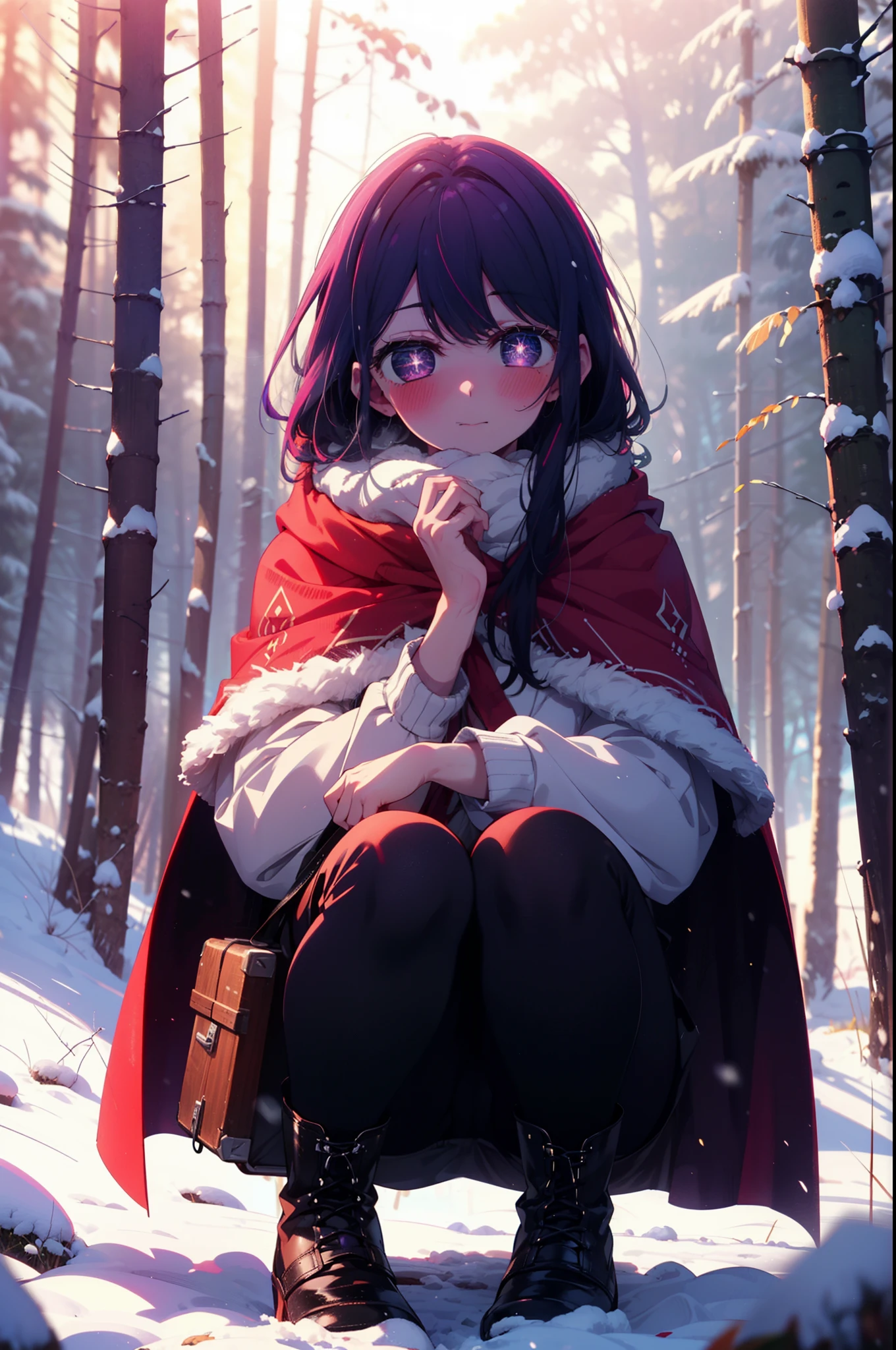 aihoshino, Ai Hoshino, Long Hair, bangs, (Purple eyes:1.1), Purple Hair, (Symbol-shaped pupil:1.5), smile,,smile,blush,White Breath,
Open your mouth,snow,Ground bonfire, Outdoor, boots, snowing, From the side, wood, suitcase, Cape, Blurred, , forest, White handbag, nature, Squat, Mouth closed, Cape, winter, Written boundary depth, Black shoes, red Cape break looking at viewer, Upper Body, whole body, break Outdoor, forest, nature, break (masterpiece:1.2), Highest quality, High resolution, unity 8k wallpaper, (shape:0.8), (Beautiful and beautiful eyes:1.6), Highly detailed face, Perfect lighting, Highly detailed CG, (Perfect hands, Perfect Anatomy),