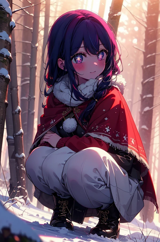 aihoshino, Ai Hoshino, Long Hair, bangs, (Purple eyes:1.1), Purple Hair, (Symbol-shaped pupil:1.5), smile,,smile,blush,White Breath,
Open your mouth,snow,Ground bonfire, Outdoor, boots, snowing, From the side, wood, suitcase, Cape, Blurred, , forest, White handbag, nature, Squat, Mouth closed, Cape, winter, Written boundary depth, Black shoes, red Cape break looking at viewer, Upper Body, whole body, break Outdoor, forest, nature, break (masterpiece:1.2), Highest quality, High resolution, unity 8k wallpaper, (shape:0.8), (Beautiful and beautiful eyes:1.6), Highly detailed face, Perfect lighting, Highly detailed CG, (Perfect hands, Perfect Anatomy),