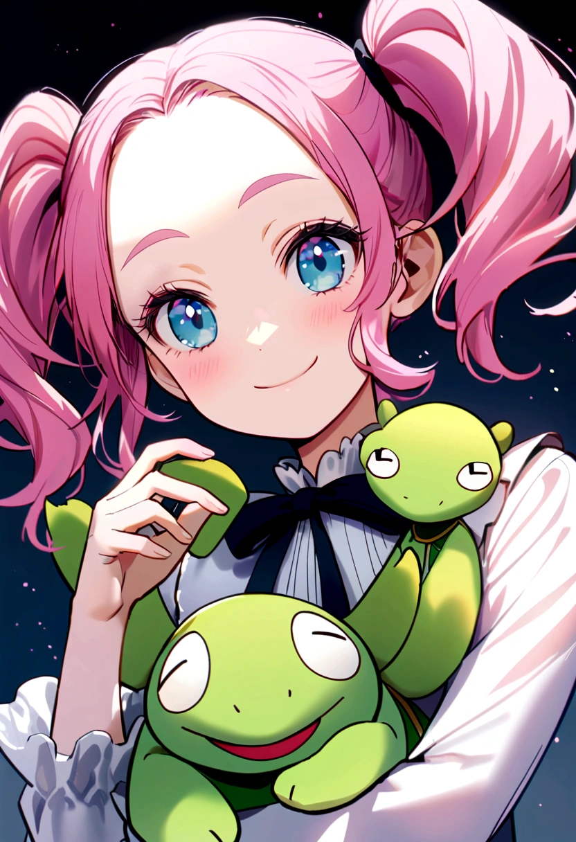 A presentation of Jani Turtle's painting style+Cute and friendly Jenny Turtle+Close-up shooting angle+The light is bright+Crisp and detailed image quality(pink hair, twin tails twin drill, show your forehead, blue eyes, White frilled white headband, slanted eyes, smile, long sideburns, curled bangs, neck ribbon, Forehead, amount),