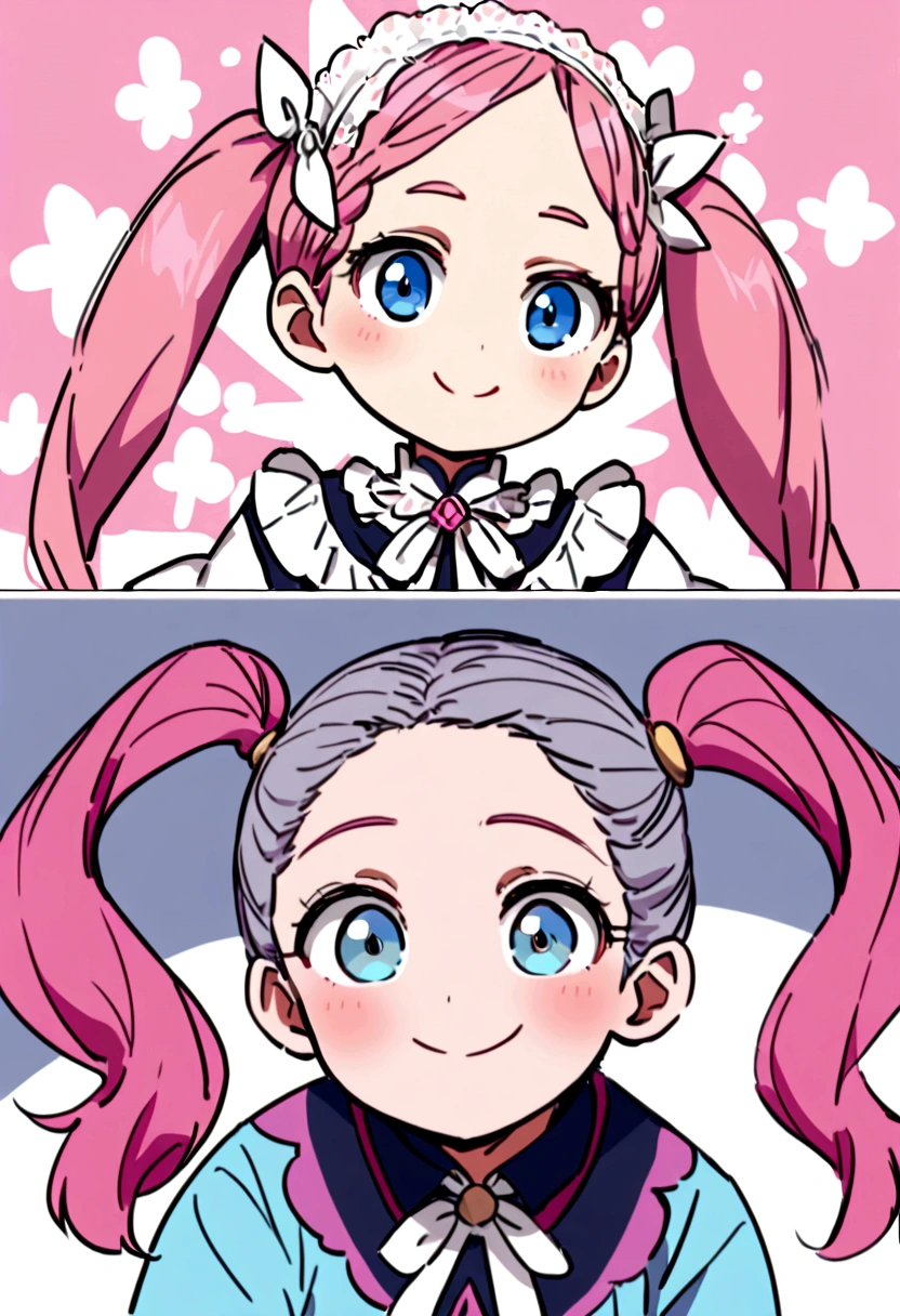 A presentation of Jani Turtle's painting style+Cute and friendly Jenny Turtle+Close-up shooting angle+The light is bright+Crisp and detailed image quality(pink hair, twin tails twin drill, show your forehead, blue eyes, White frilled white headband, slanted eyes, smile, long sideburns, curled bangs, neck ribbon, Forehead, amount),