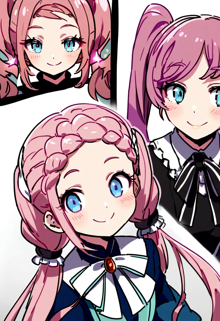 A presentation of Jani Turtle&#39;s painting style+Cute and friendly Jenny Turtle+Close-up shooting angle+The light is bright+Crisp and detailed image quality(pink hair, twin tails twin drill, show your forehead, blue eyes, White frilled white headband, slanted eyes, smile, long sideburns, curled bangs, neck ribbon, Forehead, amount),