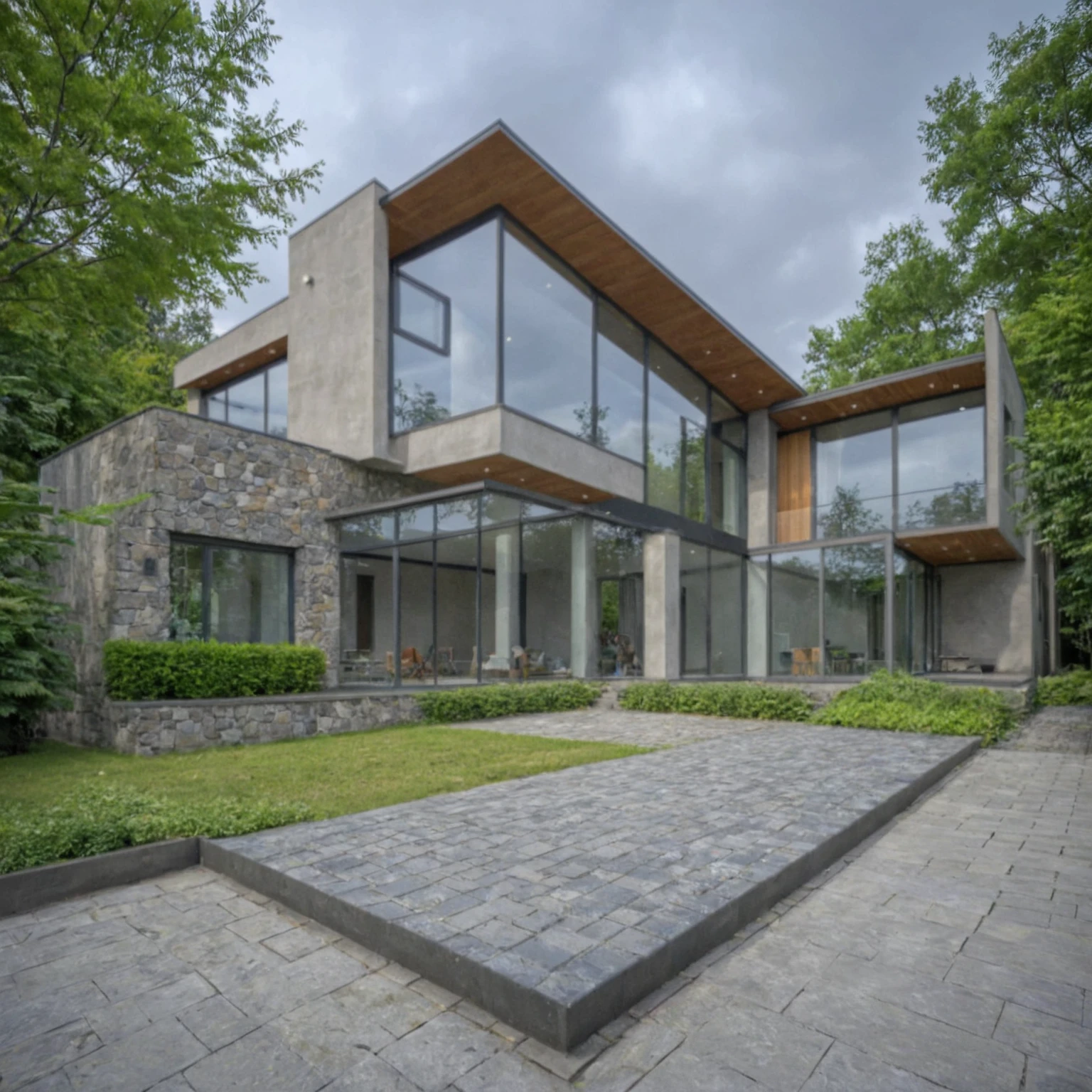 Raw photo,Masterpiece, high quality, best quality, authentic, super detail,
exterior, outdoors, house style modern on the street, glass windows, pavement, trees, sky, cloud, (daylight:1.1), gray wall, stone wall, garden