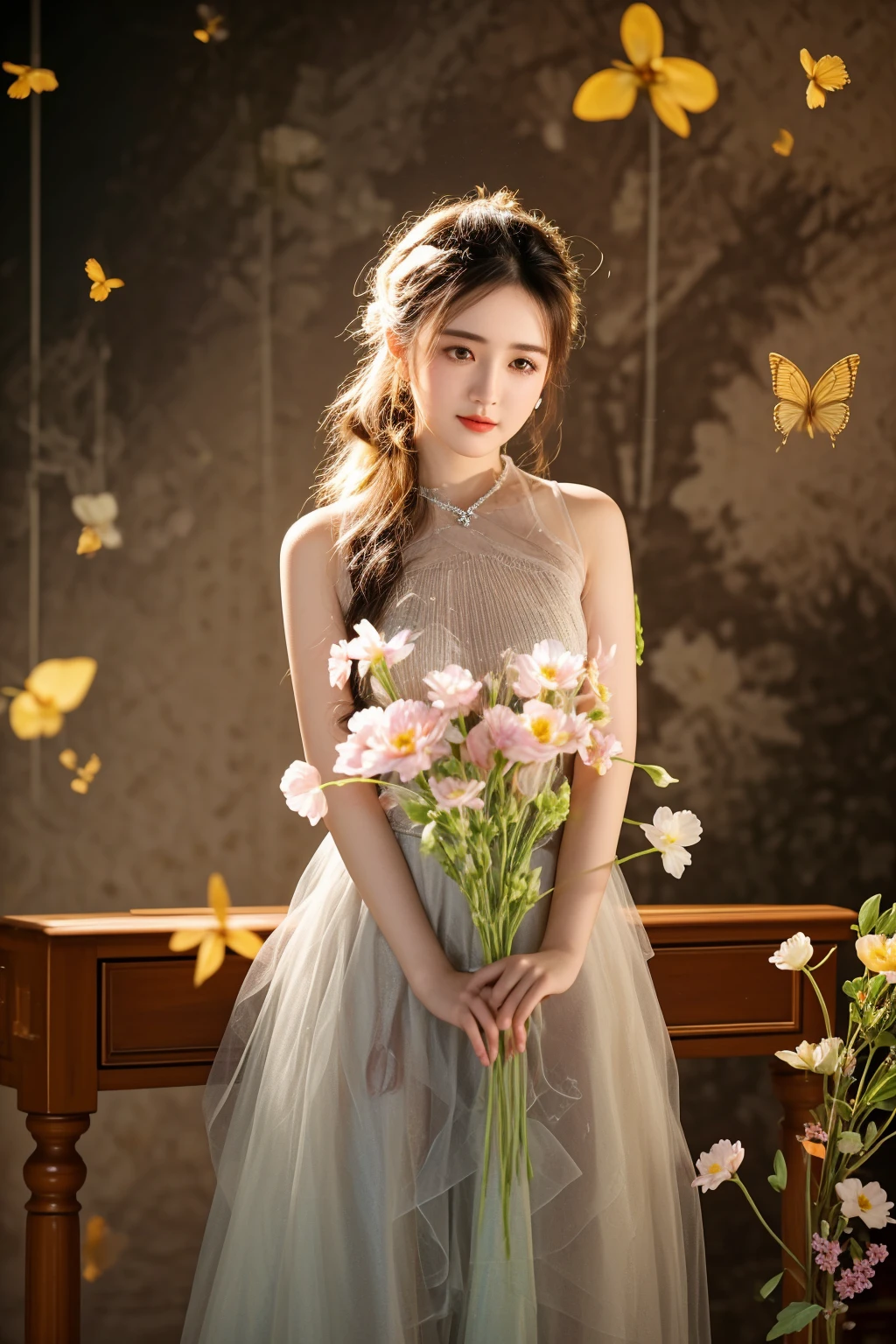 there is a woman holding a bouquet of flowers in front of a wall, lady with glowing flowers dress, with flowers, a stunning young ethereal figure, sha xi, dilraba dilmurat, photo taken with nikon d750, ethereal beauty, photo taken with nikon d 7 5 0, jia, with bloom ethereal effects