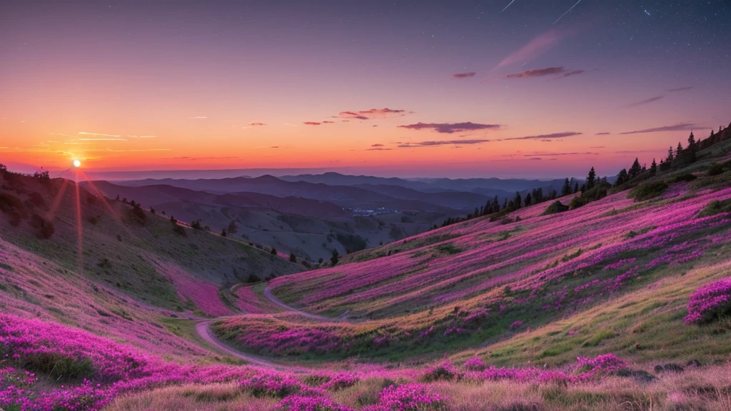 A stunning landscape featuring a vivid pink sunset contrasted beautifully with the emerging night sky. The horizon is aglow with vibrant shades of pink and orange, while the sky above transitions to deep blue, dotted with the first stars of the night. From a hilltop road, the scene captures the serene and dramatic transition from day to night, looking down on the rolling hills below.