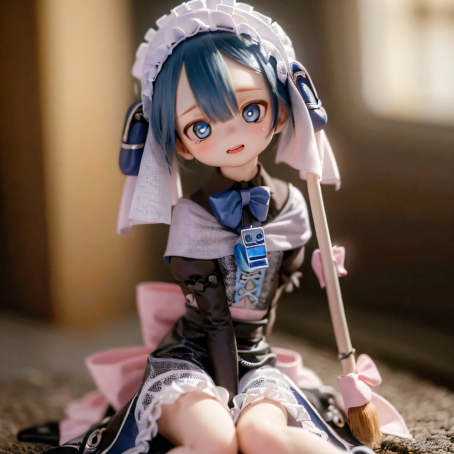 (Highest quality, High resolution, masterpiece:1.2),Very detailed,Realistic:1.37,Marulk from Made in Abyss,(Highest quality, High resolution, 4K, Very detailed, masterpiece:1.2), Realistic, High resolution, Vibrant colors, Sharp focus, Studio Lighting, Very detailed explanation, Professional, Portraiture, anime, Blue tones, Natural light, 10 year old girl, Blue curly hair, Flat Chest, Gothic ta clothes, Innocent look, Delicate features, Long eyelashes, Expressive eyes, Rosy Cheeks, Soft lighting, Dreamy atmosphere, Whimsical backgrounds(((((((bow)))))))Walk around the mansion with a broom(((((whole body)))))casual、Show off your legs