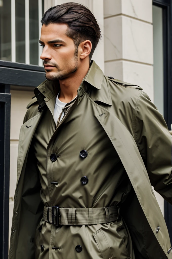 Man wearing trench coat depicting royalty