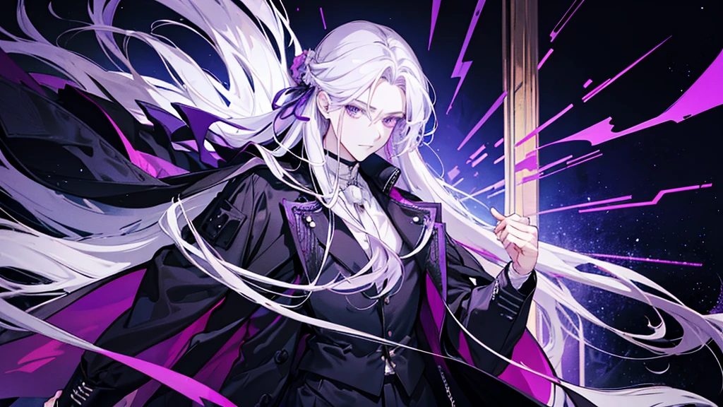 A man with long white hair tied behind his head, and purple eyes. Wearing a black trench coat、He&#39;s wearing a white button-up shirt underneath..