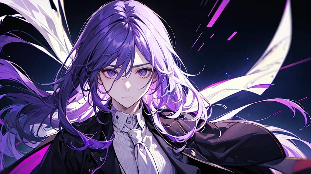 A man with long white hair tied behind his head, and purple eyes. Wearing a black trench coat、He's wearing a white button-up shirt underneath..