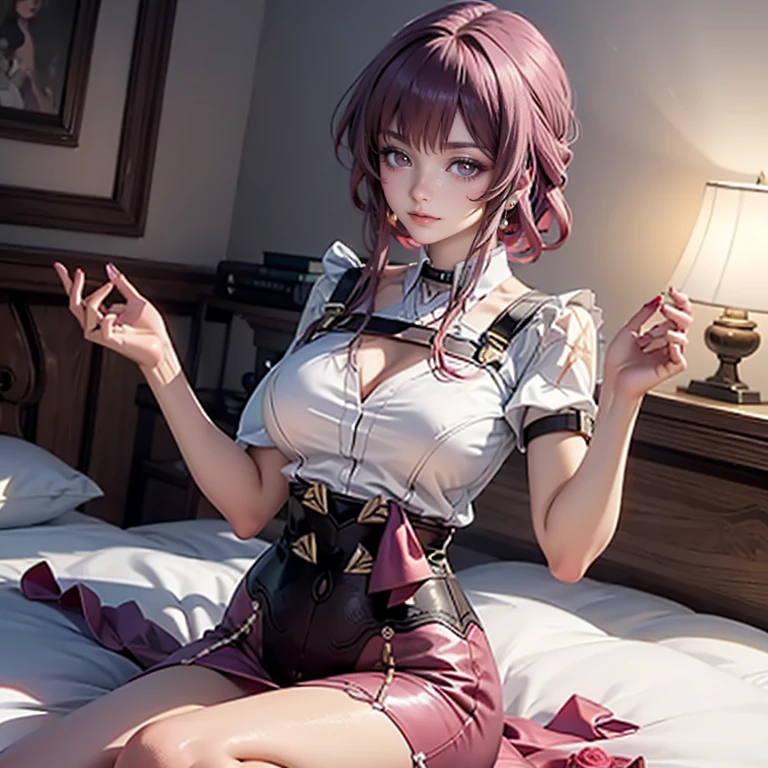 Kafka_(honkai: star rail), medium hair, flowing hair, floating hair, ornament hair, perfectly body, perfectly hands, dark pink rose on hair, maid, maid dress, maid headdress, maid apron, white apron, white apron, white headdress, on the bedroom, petals in the air, blossom peach tree, centered girl, Chinese style, white maid dress, white dress, more details on her clothes, dark pink dress with transparency, golden details, laying down on the bed, smiling, ((4k, masterpiece, top-quality)),8k, best quality, high resolution, HD, (illustration:0.8), super cute girl, delicate and beautiful face, 1girl, solo, mature girl, super cute hairstyle, (beautiful detailed eyes:1.6), extremely detailed face, perfect lighting, extremely detailed CG, (perfect hands, perfect anatomy), Best quality, cleavage, small skirt, full Body,