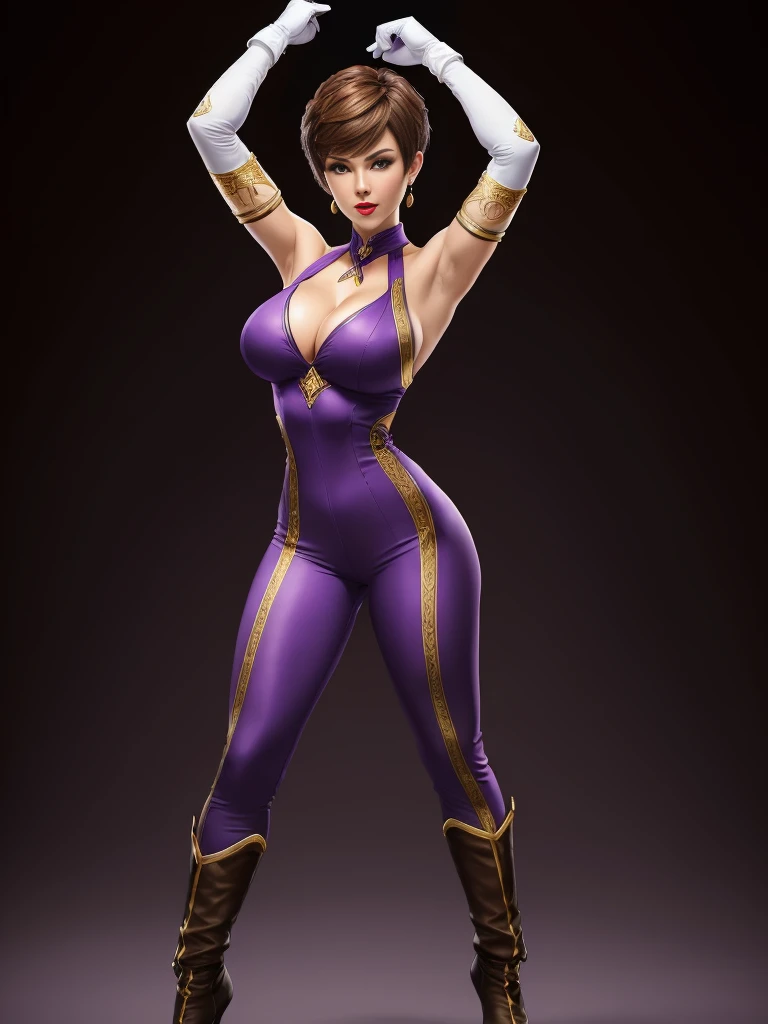 ((best quality)), ((4k)), ((highres)), ((masterpiece:1.2)). ((detailed)), ((ultra realistic)), ((intricate details)), ((full body picture)), ((character design sheet)), ((blank background)), ((standing in a blank background)), a full body shot of a beautiful european female, polish woman, polish beauty, ((emphasis on her fair skin complexion)), ((brown hair)), pixie haircut, ((PIXIE HAIRCUT)), ((VERY SHORT HAIR)), perfect face, gorgeous face, ((vivid hazel eyes)) detailed eyes, detailed lips, ((red lips)), about 6'3 tall, ((TALL WOMAN)), about 18 years old, medium-sized breasts, c cup breasts, athletic body, ROBUST FRAME, muscular arms, she's dressed in a sleeveless purple jumpsuit with high neck, ((PURPLE JUMPSUIT)), ((high neck)), no cleavage, ((no cleavage)), BLACK boots and white gloves, ((BLACK boots)), ((white gloves)), WHITE SCARF AROUND HER HIPS WITH GOLD ADORNMENTS, posing with her arms above her head, ((arms above head)), fighting game character concept art, tekken character design, the king of fighters character concept, full bofy, full body concept art, full body art