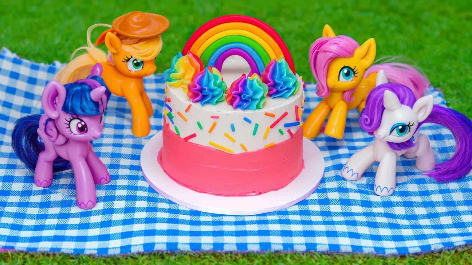 on the grass, on a pink checkered tablecloth. there is a white plate with cake, white and pink cream cake, Rainbow confectionery powder on the cake, top rainbow gradient cream, polymer clay rainbow, рядом стоят пластиковые pony toys из мультфильма My Little Pony, pony toys, purple pony with wing and horn, orange pony with hat and yellow hair, yellow pony with pink hair and wing, white pony with purple hair and horn.  beautiful light, sunlight, sunny day, beautiful lighting, bright announcement, several light sources, Realistic style, realistic textures, high quality, high detail, detailed texture, ultra 4k hd