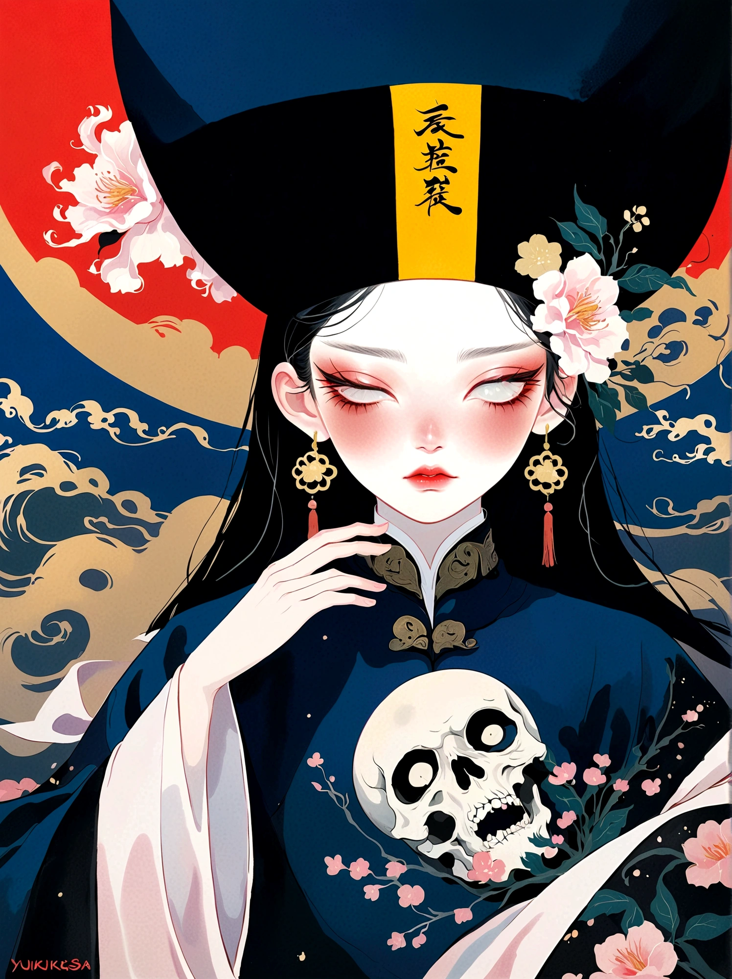 Qing Dynasty Zombie Portraits,Black hat,There is a rune on the forehead,Stand collar robe,Japanese horror style Japanese pop surrealism, author:Yukika Kosaka, Nguyen Gia and Joao Nguyen,