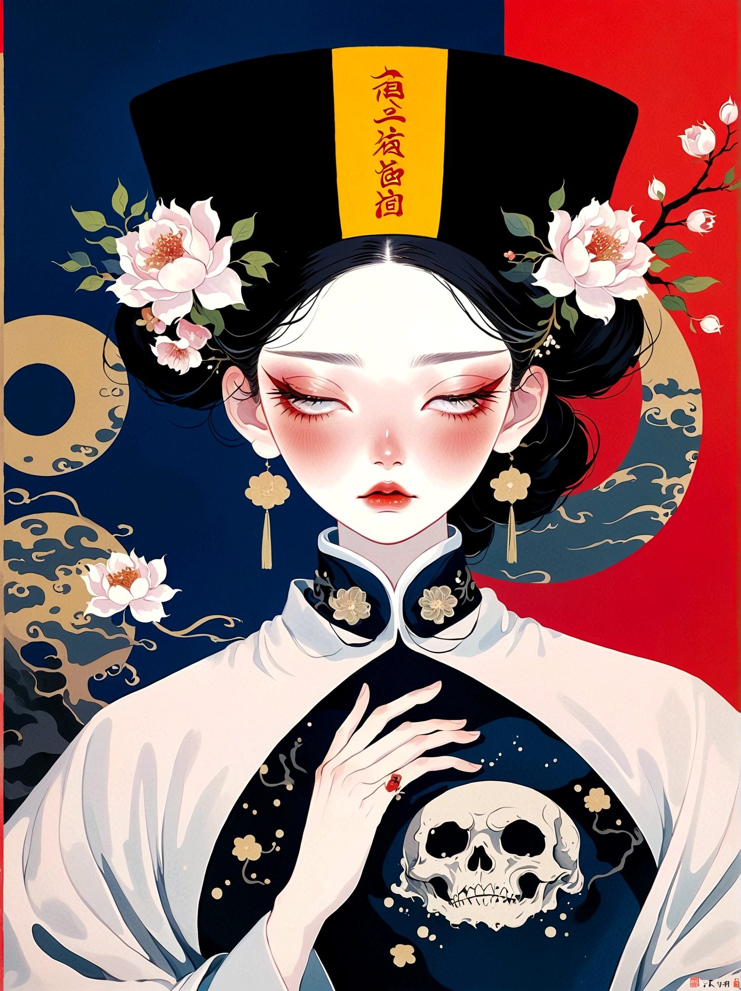 Qing Dynasty Zombie Portraits,The hat has runes on it,Both hands,Japanese horror style Japanese pop surrealism, author:Yukika Kosaka, Nguyen Gia and Joao Nguyen,