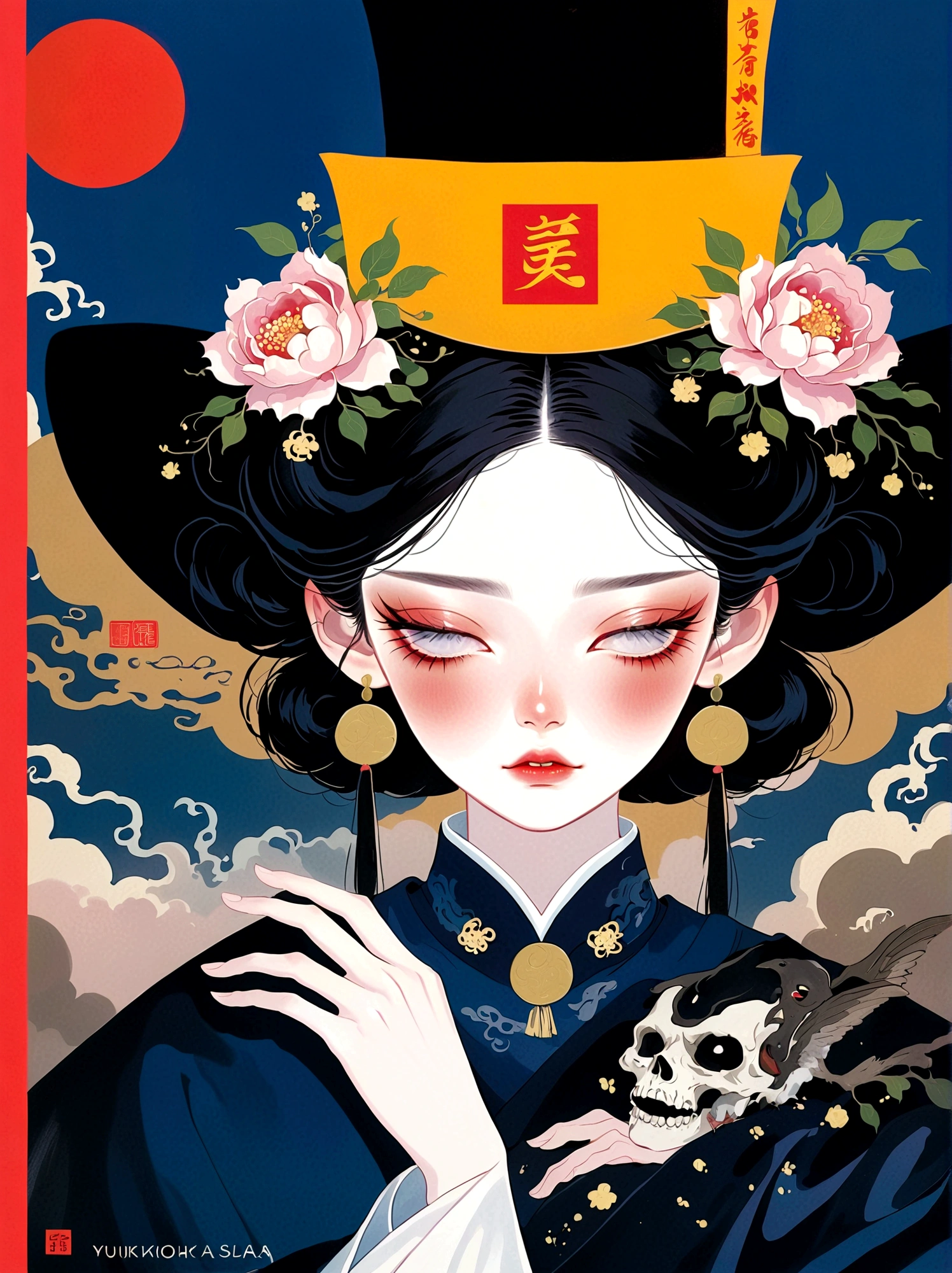 Qing Dynasty Zombie Portraits，Black hat，There is a rune on the forehead，Stand collar robe，Japanese horror style Japanese pop surrealism, author：Yukika Kosaka, Nguyen Gia and Joao Nguyen, 

