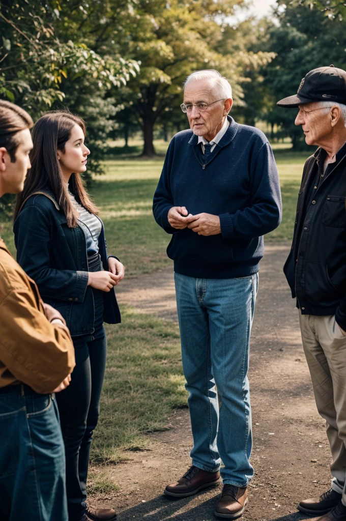 Young people standing and listening to a vintage old man giving advices to them