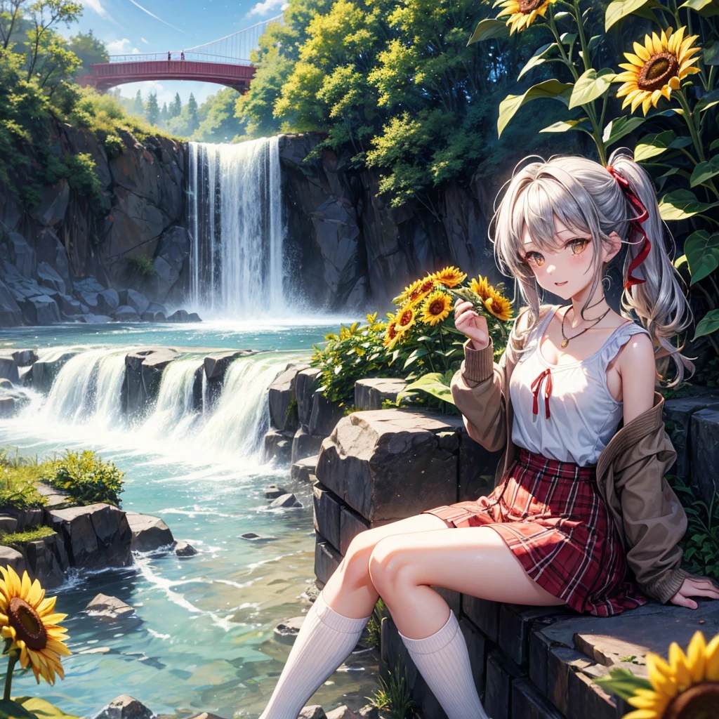 Red, brown, gold, gold hair、Golden Eyes、Hair tied up、One good looking girl、solo、anime、Checkered mini skirt、Ruffles on the skirt、camisole、Lightweight cardigan、Black knee-high socks、Wearing a baseball cap、Ribbon、Ribbon on waist、Teeth are visible、Silver coin necklace、From above、Sunflower Tunnel、Cobblestones、waterfall、Have sunflowers、Starry Sky、Midnight Moon、Winding Road、Unlocking、suspension bridge、Soap bubbles are flying