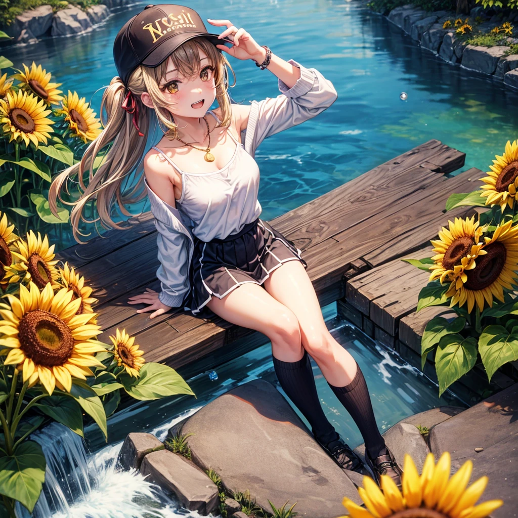 Red, brown, gold, gold hair、Golden Eyes、Hair tied up、One good looking girl、solo、anime、Checkered mini skirt、Ruffles on the skirt、camisole、Lightweight cardigan、Black knee-high socks、Wearing a baseball cap、Ribbon、Ribbon on waist、Teeth are visible、Silver coin necklace、From above、Sunflower Tunnel、Cobblestones、waterfall、Have sunflowers、Starry Sky、Midnight Moon、Winding Road、Unlocking、suspension bridge、Soap bubbles are flying