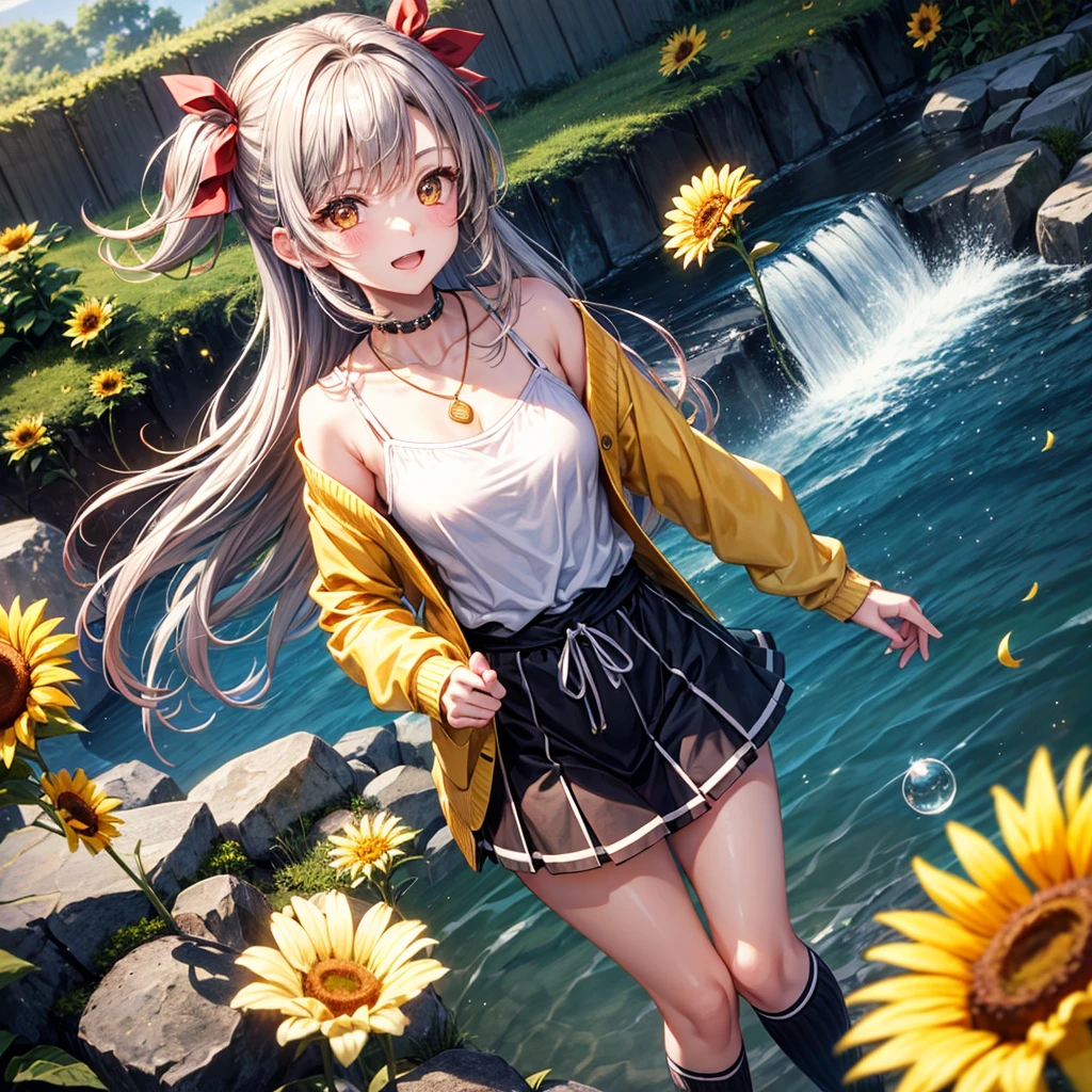 Red, brown, gold, gold hair、Golden Eyes、Hair tied up、One good looking girl、solo、anime、Checkered mini skirt、Ruffles on the skirt、camisole、Lightweight cardigan、Black knee-high socks、Wearing a baseball cap、Ribbon、Ribbon on waist、Teeth are visible、Silver coin necklace、From above、Sunflower Tunnel、Cobblestones、waterfall、Have sunflowers、Starry Sky、Midnight Moon、Winding Road、Unlocking、suspension bridge、Soap bubbles are flying