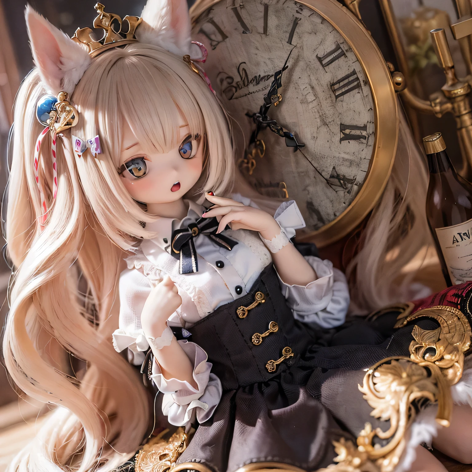 The rabbit girl is holding a big clock with Alice_Wonderland