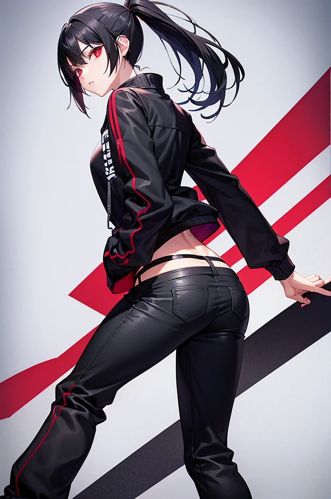 Black Hair、Red Eye、ponytail、One Woman、solo、Open-front jacket、skinny pants、Short girl、、Thin limbs and hips、Cool look
