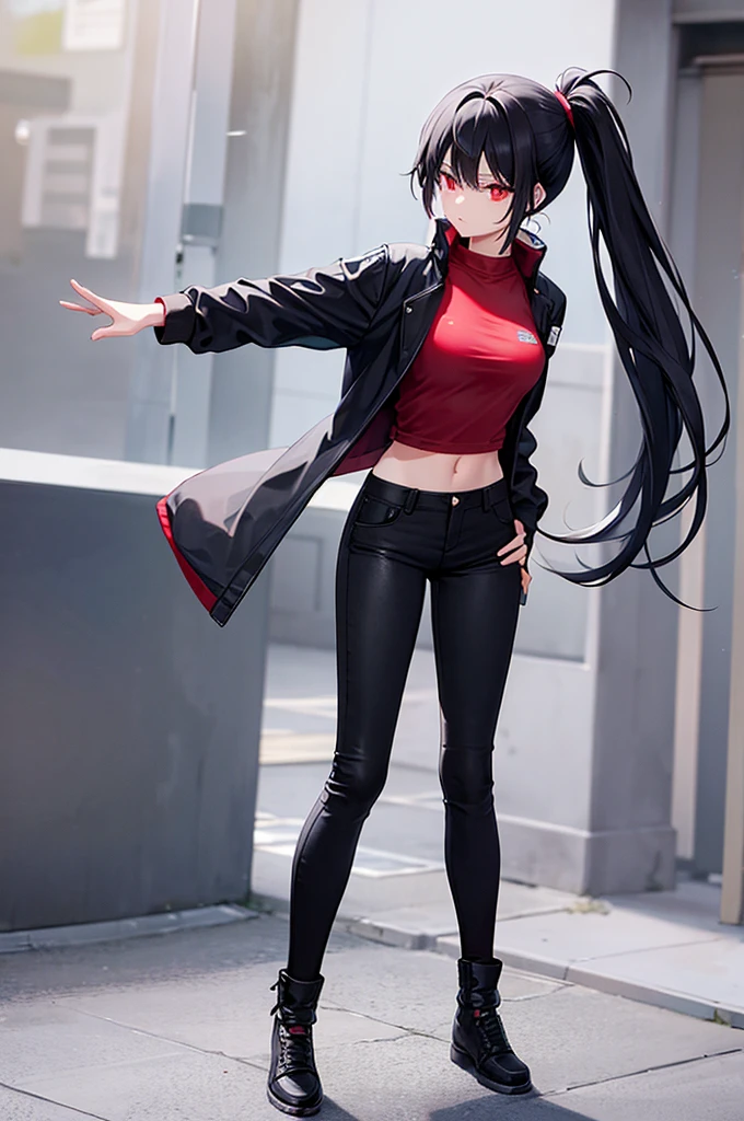 Black Hair、Red Eye、ponytail、One Woman、solo、Open-front jacket、skinny pants、Short girl、、Thin limbs and hips、Cool look