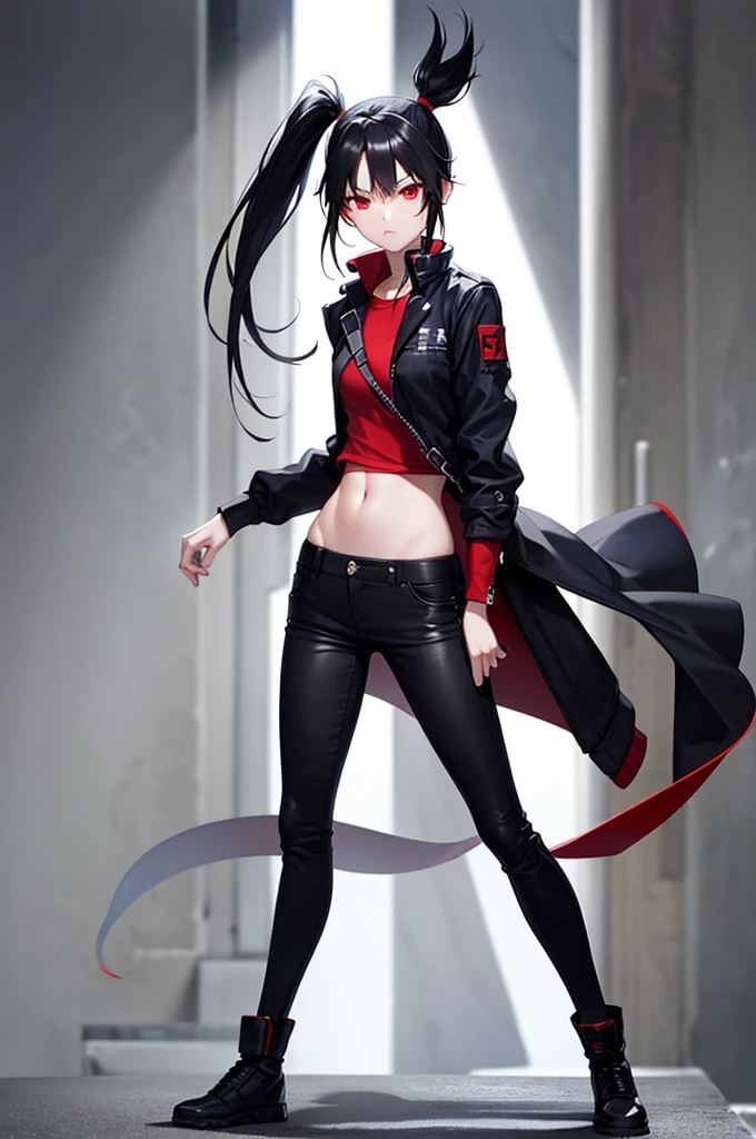 Black Hair、Red Eye、ponytail、One Woman、solo、Open-front jacket、skinny pants、Short girl、、Thin limbs and hips、Cool look