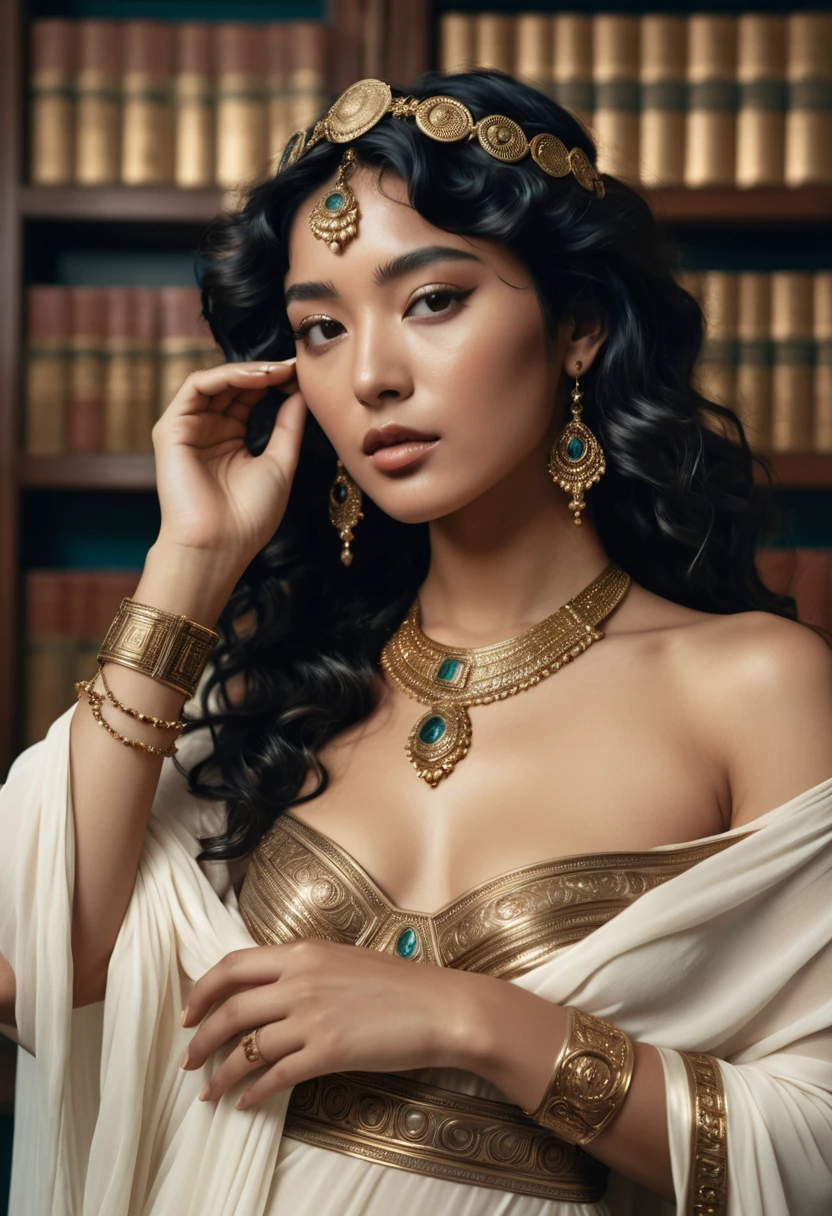 (A half-asian, asian-european, woman with black wavy hair in the style of a greek goddess. bronze skin. Aphrodite, goddess, divine aura) (wearing ancient jewellery on upper arms, neck, wrists, fingers) (polaroid camera) (RAW photo, nikon, 8k, Super detailed, advanced details, intricate details, Super detailed) (award-winning photo, masterpiece) (in a islamic art inspired library)