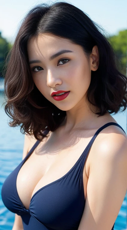((最high resolution、8K、最high resolution:1.3))、Photorealistic、Sharp Focus、high resolution、High resolution、Portrait、solo、Japanese、Middle-aged women、Beauty、Full Body Evian、47 years old、Long Hair、Wrinkles at the corners of the eyes、Poolside、Beautiful blue sky、Sexy figure、((Swimsuit、Swimsuit))、Thighs、((Thighs、Large Breasts))、Red lipstick、Blue eyeshadow、Curly Hair、