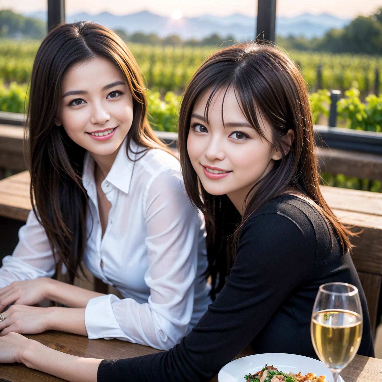 ((Highest quality、8K、masterpiece:1.3))、1 male、1 female、Couple、spouse、Couple、The body is slim、((Bob Hale、Straight hair:1.2)), (Realistic, Intricate details:1.2), テーブルの上のwine glass、Put the light on your face、 Amazing view of the sunset sky and clouds、Amazing mountain views、A bright smile、The wonderfulness of smile、Bright image、The beauty of wine, Beautiful Face, blue eyes, The light shines on your face, Blushing, short hair,Bright Face、 (Age 37), 39 years old, red wine 、Appetizers、Italian food、Wine bottle、Champagne、sparkling wine、Two beauties、Brown Hair、Shortcuts、Long sleeve shirt、dress、Beautiful woman 1, (slimな顔), (The body is slim), (Brown Hair), (Shortcuts), cheeks turn a little red,Attractive beauty、restaurant, In a prominent place (From the waist up) Nova Frog Style, actress, model, Upper Body, White wine, slim, wine glass, 中央に置かれたwine glass, smile, (smile: 1.15), Beautiful fine grain, Depth f/2,saturation, High Contrast, Strong light and shadow,Moist Body:1.5、3D texture、Delicate eyes、Brown Hair、The hair is very shiny、