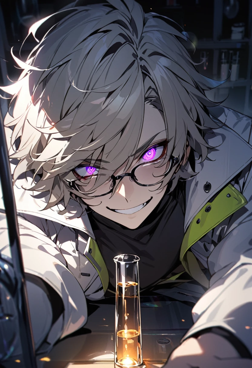 (masterpiece, best quality), detailed face, solo, 1man, messy short hair, bishounen, mad scientist, scientist coat, glasses, lens flare, maniacal smile, sharp eyes, glowing eyes, holding science test tube, top-down perspective, in laboratory, dark shadows, contrast, science