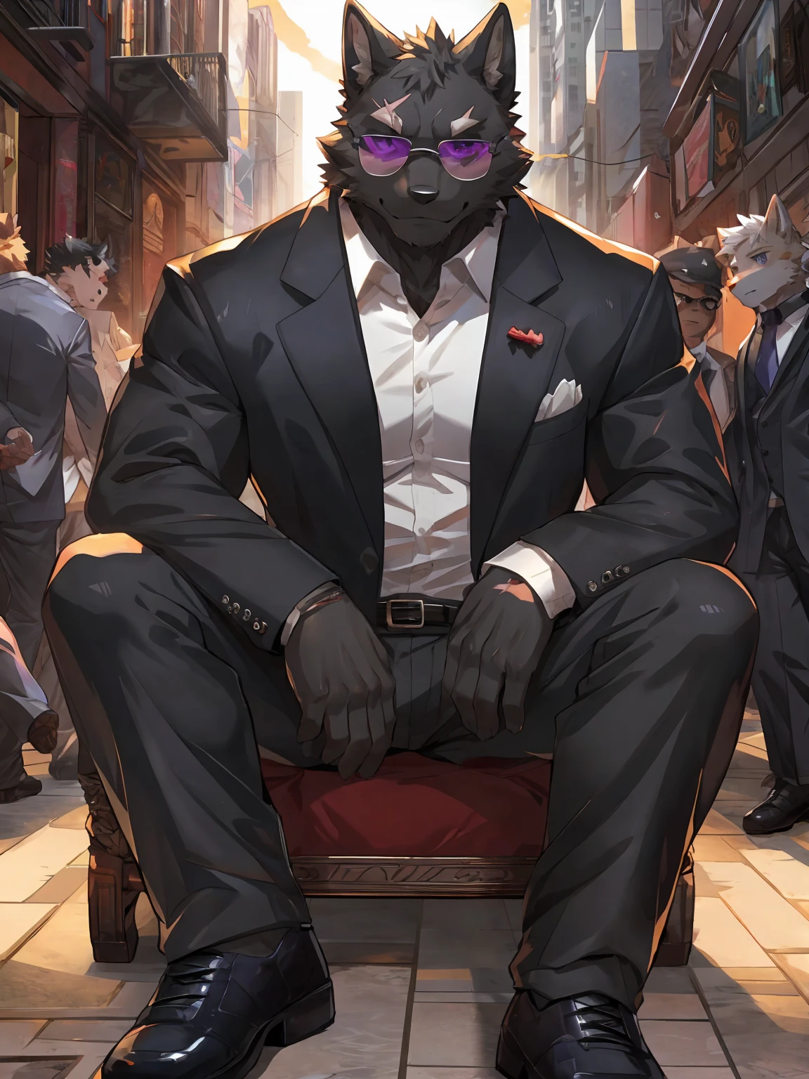 embedding:Black wolf,purple eyes, male, Scar on the face, Single Person,black fur,Black tattoo on his arm.Eyebrow studs,Broken eyebrow,Sunglasses,Mob boss,Gangsters,Black suit,Leather shoes,A dark scene,Black tone,Dark style,Sit down,In a luxury building,Overbearing,A sense of oppression,Best quality hands, best quality eye,detailed fur,Delicate eyes.Extreme picture quality,by sollyz,by zixiong,by milkytiger1145