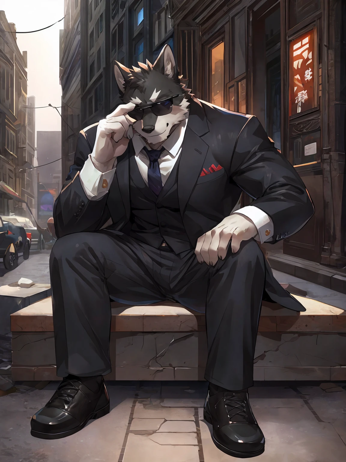 embedding:Black wolf,purple eyes, male, Scar on the face, Single Person,black fur,Black tattoo on his arm.Eyebrow studs,Broken eyebrow,Sunglasses,Mob boss,Gangsters,Black suit,Leather shoes,A dark scene,Black tone,Dark style,Sit down,In a luxury building,Overbearing,A sense of oppression,Best quality hands, best quality eye,detailed fur,Delicate eyes.Extreme picture quality,by sollyz,by zixiong,by milkytiger1145