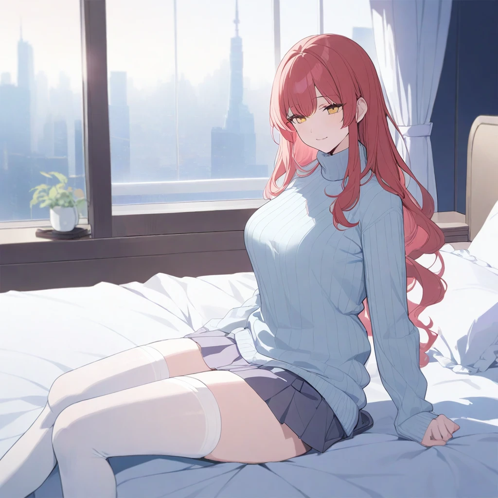 masterpiece, best quality, high quality, beautiful anime character, solo, anime girl with red hair, soft hair, long hair, yellow eyes, slightly big breasts, mature female, tall female, big girl, thick, (calming face, light smile, loving eyes), indoors, (turtleneck sweater, pleated skirt), long sleeves, thighhighs, sitting in bed, full body,