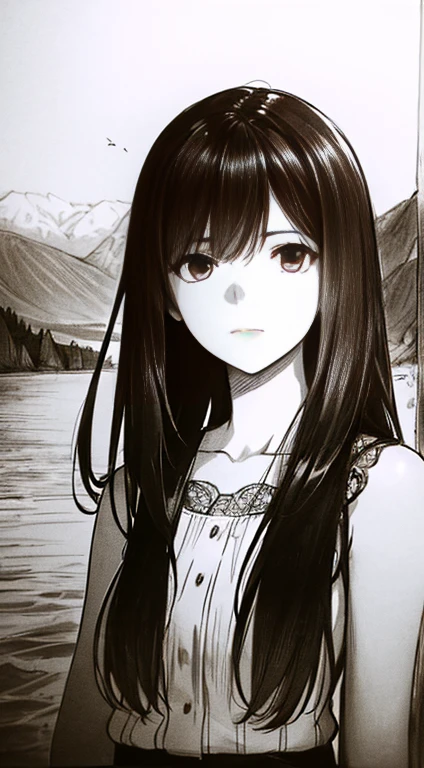 One Girl,Line art,Monochrome,sketch,Pencil drawing,Traditional Media,One Girl, skirt,Cute Teenage Girls, ,Beautiful portrait、Delicate body、Black Hair、Black Hair,landscape