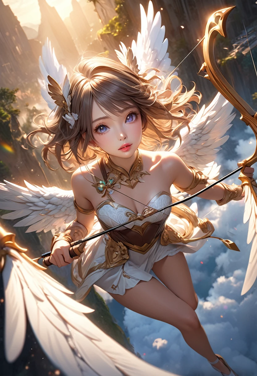 Beautiful Detailed Eyes, Beautiful Detailed Lips, Extremely Detailed Eyes and Face, Long Lips, Love Angel Cupid (Archer), angel wings, bow, arrows, (holding a bow and shooting arrows): 1.2 from above the clouds, heart-shaped arrowhead: 1.2, hearts flying, 1 girl, full-body view, digital painting, oil painting, fantasy, romantic, cinematic lighting, warm color palette, dramatic lighting, intricate details, dreamlike, detailed, photorealistic, (highest quality, 16k, highres, masterpiece: 1.2), ultra-detailed, (realistic, photorealistic, photo-realistic: 1.37), HDR, UHD, studio lighting, ultra-fine painting, sharp focus, physically-based rendering, extreme detail description, Professional, vivid colors, bokeh